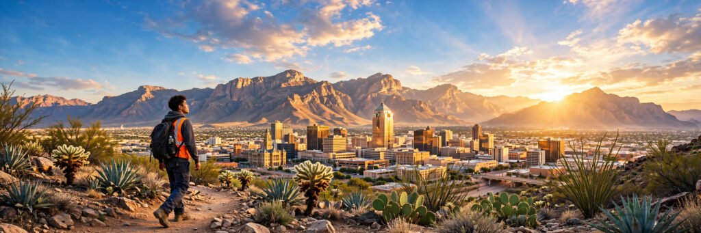 Sunrise over El Paso with hot air balloons above the Franklin Mountains