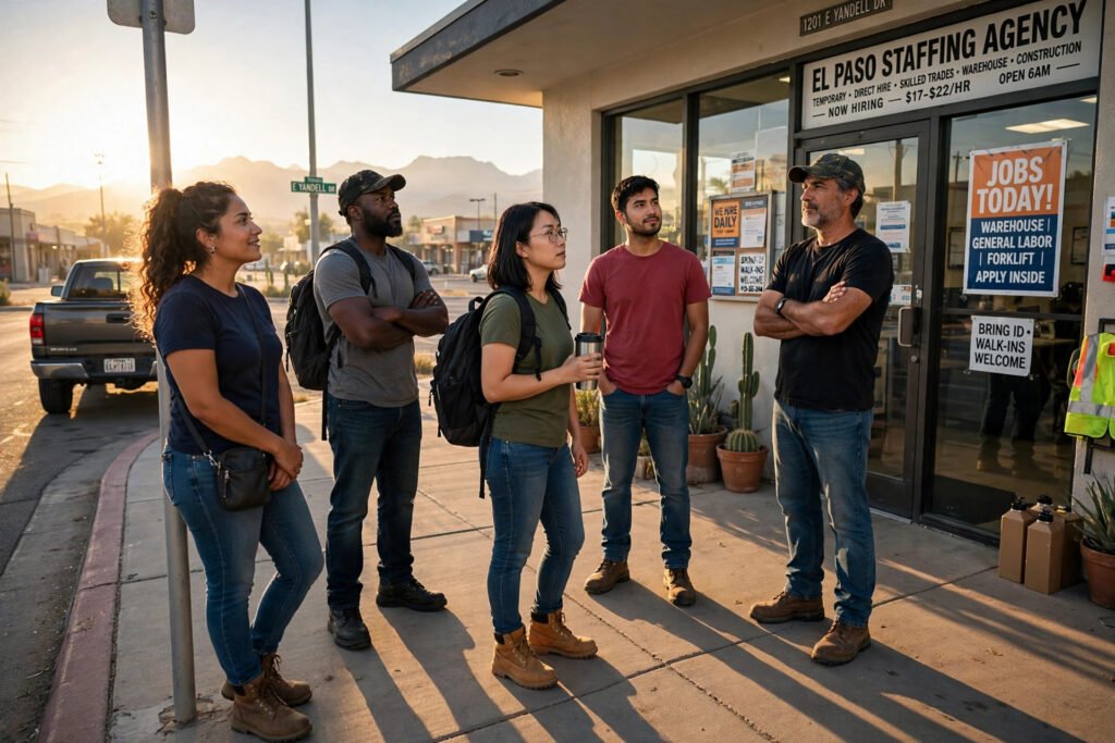 Moving crew walking toward a sunrise job site in El Paso
