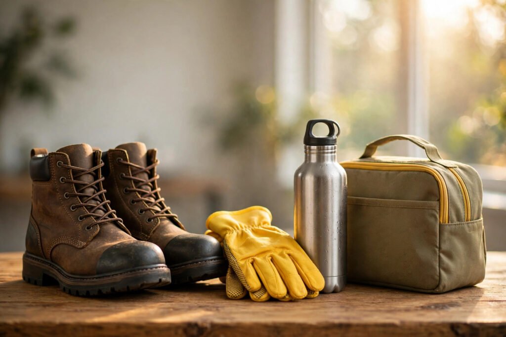 Work gear flat lay: boots, gloves, ID, phone, and water bottle ready for a same-day job