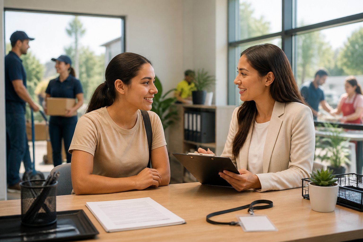 A job seeker meets with a staffing coordinator at a bright employment center while discussing immediate entry-level work.