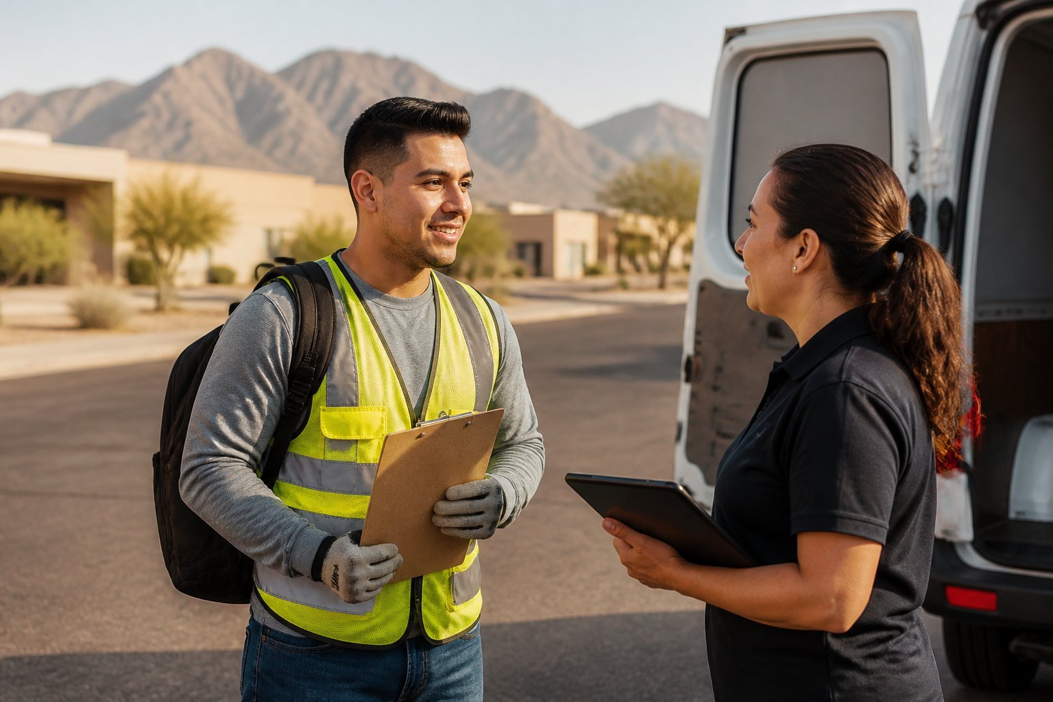 A job seeker meets with a supervisor outside a commercial building in El Paso.