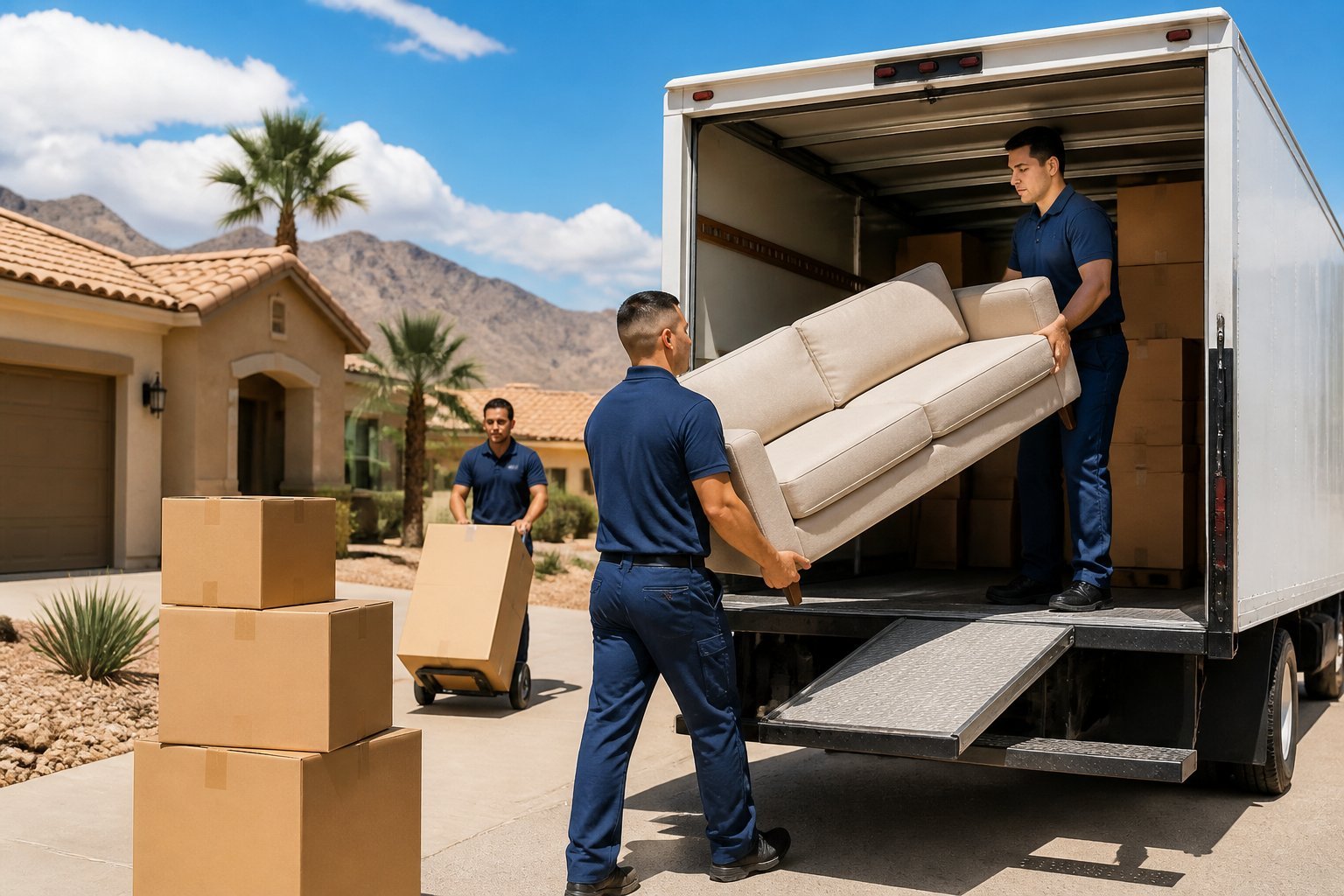 Movers load furniture and boxes into a truck outside a home in a sunny desert neighborhood.